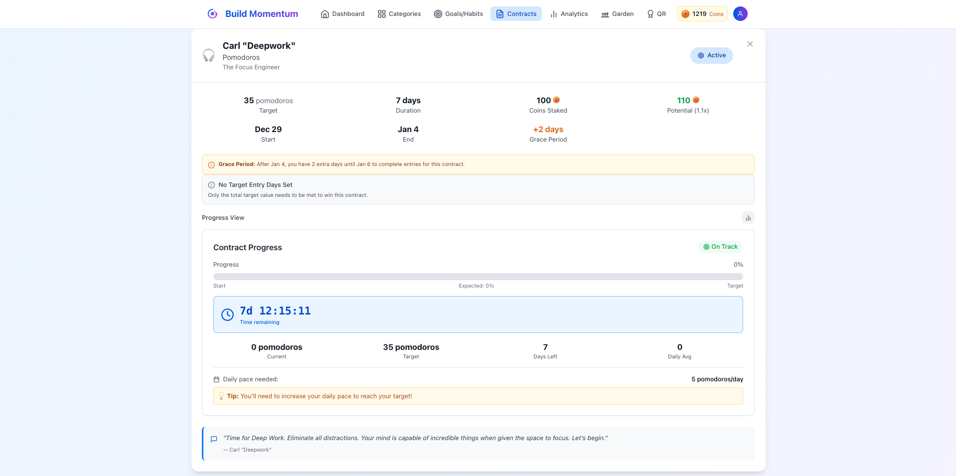 Contract: target, duration, staked coins, grace period, and countdown