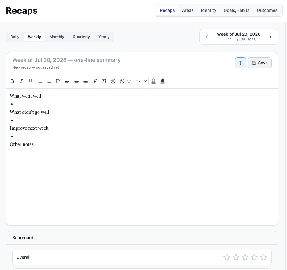 MenaTask Vision — journaling, life areas, and outcomes